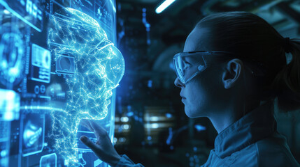 Engineer works with artificial intelligence control panel. Futuristic digital dashboard and AI technology in future. Concept of data, cyber tech, innovation, research, interface