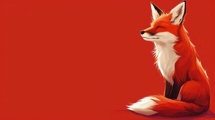 a painting of a red fox sitting on the ground with its head turned to the side, with a red background.