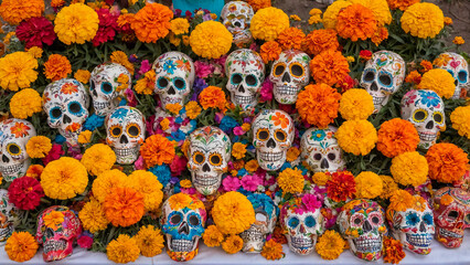 Fototapeta na wymiar Decorative Mexican sugar skulls amid vibrant marigolds, celebrating Day of the Dead with rich colors and traditions, honoring memories with joy.
