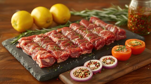 a bunch of raw meat sitting on a cutting board next to tomatoes, peppers, and lemons on a table.