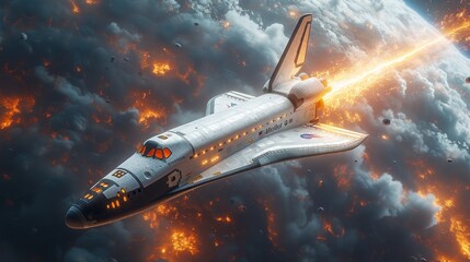 an artist's rendering of a space shuttle flying in the sky above the earth with flames coming out of it.