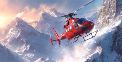 a red helicopter flying through the air over a snow covered mountain covered mountain range in the background is a mountain range covered in snow.