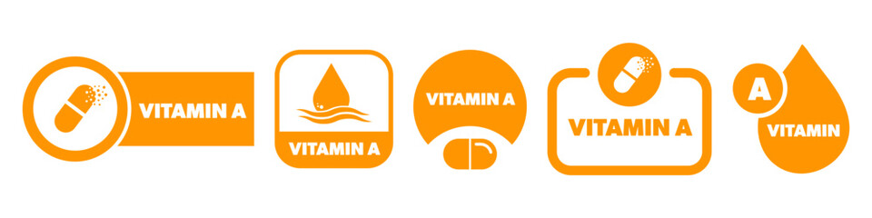 Vitamin A vector labels isolated on white. Vitamin stickers set.