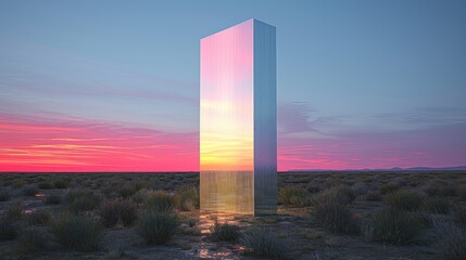 a tall building in the middle of a desert with a sunset in the back ground and clouds in the sky.