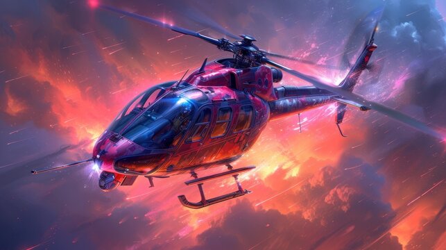a painting of a helicopter flying in the sky with a red and blue design on the side of the helicopter.