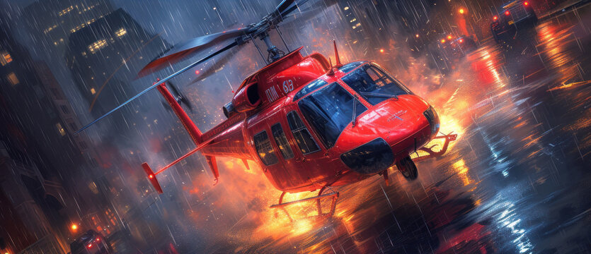 a red and blue helicopter flying over a city in the rain with a cityscape in the back ground.