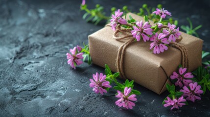 a gift wrapped in brown paper and tied with a brown string with pink flowers on a dark surface with green leaves.
