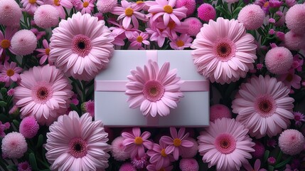 a white box surrounded by pink flowers with a pink bow on the top of the box in the middle of the picture.