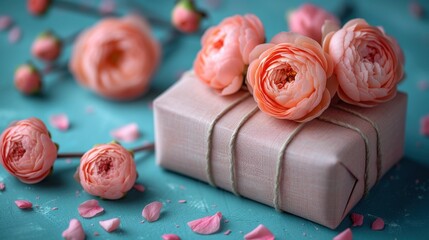 a close up of a present box with pink flowers on a blue surface with rose petals scattered around the box.