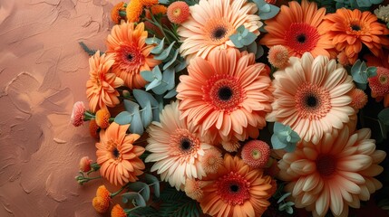a close up of a bunch of flowers on a brown and orange background with leaves and flowers in the middle of the picture.