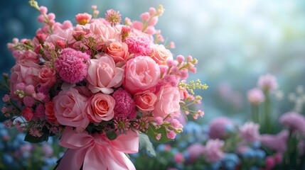 a bouquet of pink flowers sitting on top of a field of blue and pink flowers with a pink ribbon around it.