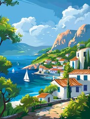 Vector image a city in greece with view of the sea, blue sky and cloud - vintage - obrazy, fototapety, plakaty