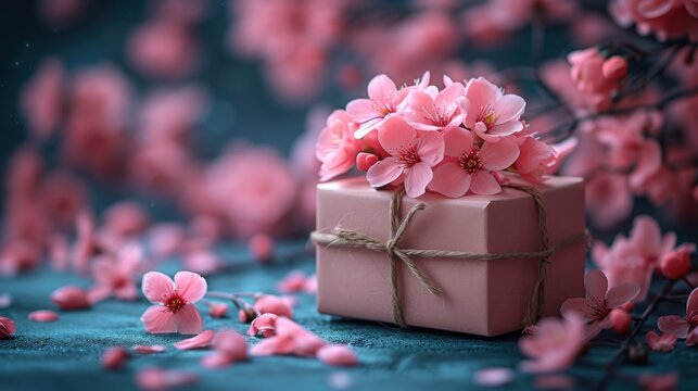 a gift wrapped in a pink ribbon with pink flowers on a teal background with a twine of twine and twine of twine.