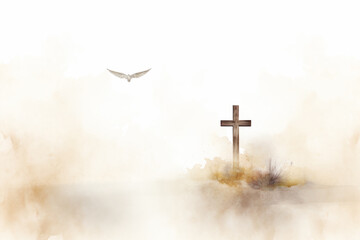 Christian Cross and Dove of  Peace Watercolor Illustration - obrazy, fototapety, plakaty