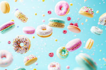 Mix of Flying Sweets on Turquoise Background, Selective Focus