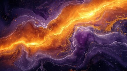 an abstract painting of orange and purple swirls on a black background with gold and purple highlights on the edges of the image. - obrazy, fototapety, plakaty