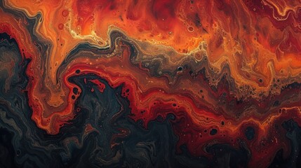 an abstract painting of orange, red, and black swirls and drops of water on a black and red background. - obrazy, fototapety, plakaty