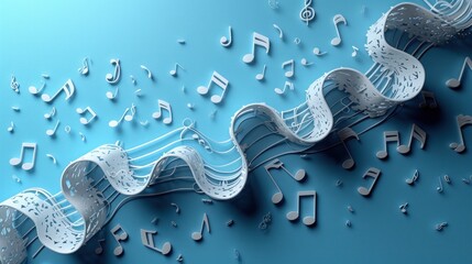 a blue background with musical notes and a spiral of musical notes with a spiral of musical notes in the background. - obrazy, fototapety, plakaty
