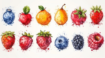 a group of fruit painted in watercolor on a white background with blueberries, strawberries, raspberries, oranges, and pears.