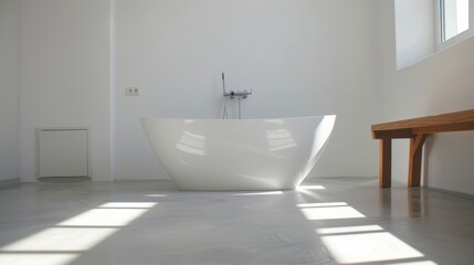 Fototapeta na wymiar Sleek Bathroom Design with Freestanding Porcelain Bathtub and Wooden Bench