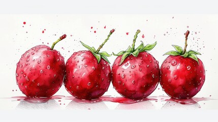 a painting of a group of four strawberries with drops of blood on the bottom of the image and on the bottom of the image is a white background.