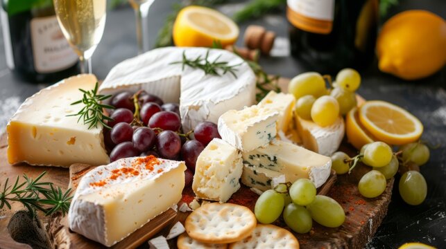 cheese board, with white and gouda cheese, grapes and lemon with bottle of champagne generative ai
