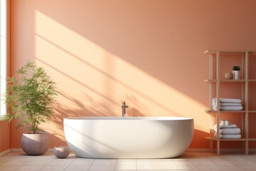 Fototapeta na wymiar Minimalistic modern bathroom in color of Peach fuzz - contemporary interior design in daylight