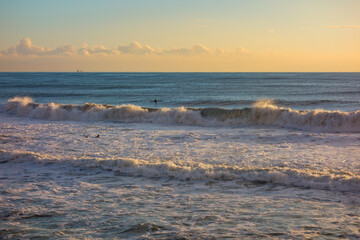 warm afternoon light in venice beach while people surf and walk.