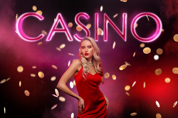 Artwork collage of wealthy successful pretty girl red dress flying casino chip tokens isolated on...
