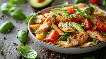 a bowl of pasta with chicken, tomatoes, spinach, and spinach sprouts on a wooden table.