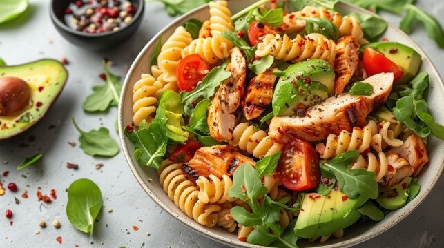 a bowl of pasta salad with chicken, avocado, tomatoes, spinach, and lettuce.