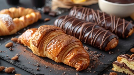 chocolate puff croissant, served on a table generative ai