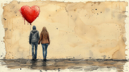 a painting of two people with a heart shaped balloon attached to their backs, standing in front of a wall.