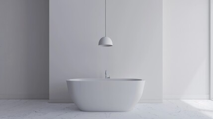Modern White Bathtub in Minimalist Bathroom with Pendant Light Fixture AI Generated.