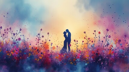 a painting of a man and a woman kissing in a field of flowers with the sun setting in the background.