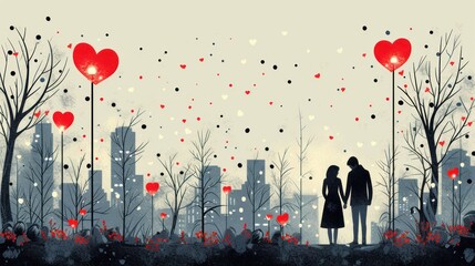a man and a woman standing next to each other in front of a city skyline with red hearts floating in the air.