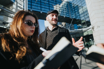Young professionals collaborate on a business project while standing outside modern office...