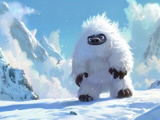 himalayan cute snow creature yeti in snow covered mountains on a sunny day