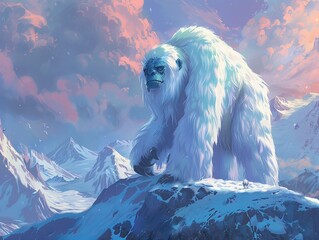 himalayan scary snow creature yeti standing on a snowy mountain - obrazy, fototapety, plakaty
