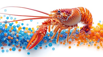 a close up of a lobster on a white background with blue, orange, and red circles of bubbles around it.