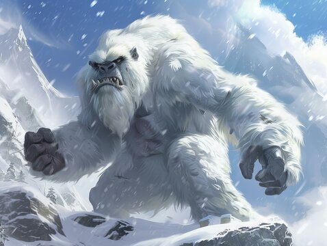 himalayan scary snow creature yeti clenching fist, snowy mountains in the background