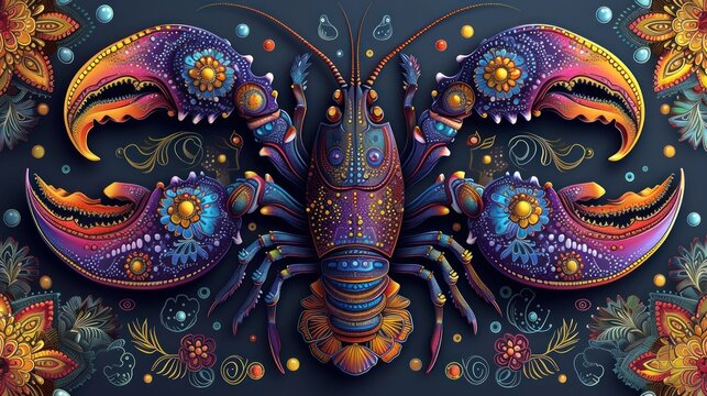 a painting of a colorful lobster on a black background with a blue background and a red, yellow, orange, and blue design.