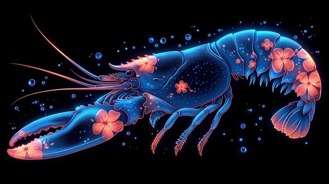 a painting of a blue shrimp with pink flowers on it's tail and a black background with blue bubbles.