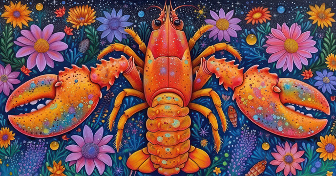 a painting of a lobster on a blue background with flowers and daisies on the bottom and bottom of the image.