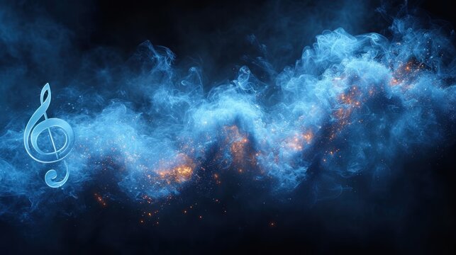 a blue background with a musical note in the middle of the image and a lot of blue smoke surrounding it.