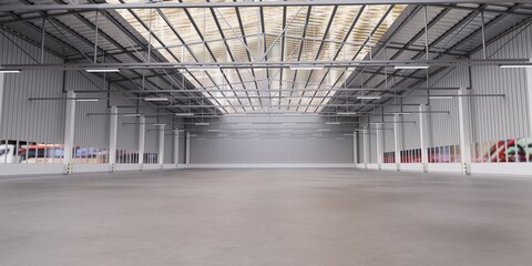 White empty industrial warehouse hangar building with lights hanging from the ceiling and partly glass roof ceiling. 3D render Illustration