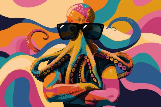 A vibrant cartoon octopus, adorned with sunglasses, adds a playful touch to this modern art piece, showcasing expertly executed graphics and eye-catching design elements