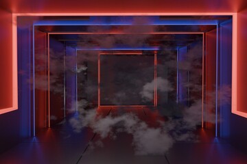 red and blue neon light foggy tunnel. futuristic 3D render Illustration