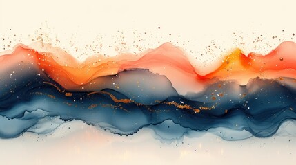 an abstract painting of a wave of blue, orange, and white paint with gold sprinkles on a white background.