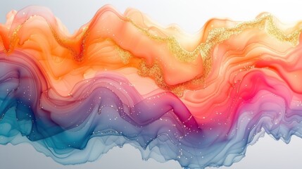 a multicolored wave of liquid on a white background with gold flecks and sparkles in the middle of the wave.